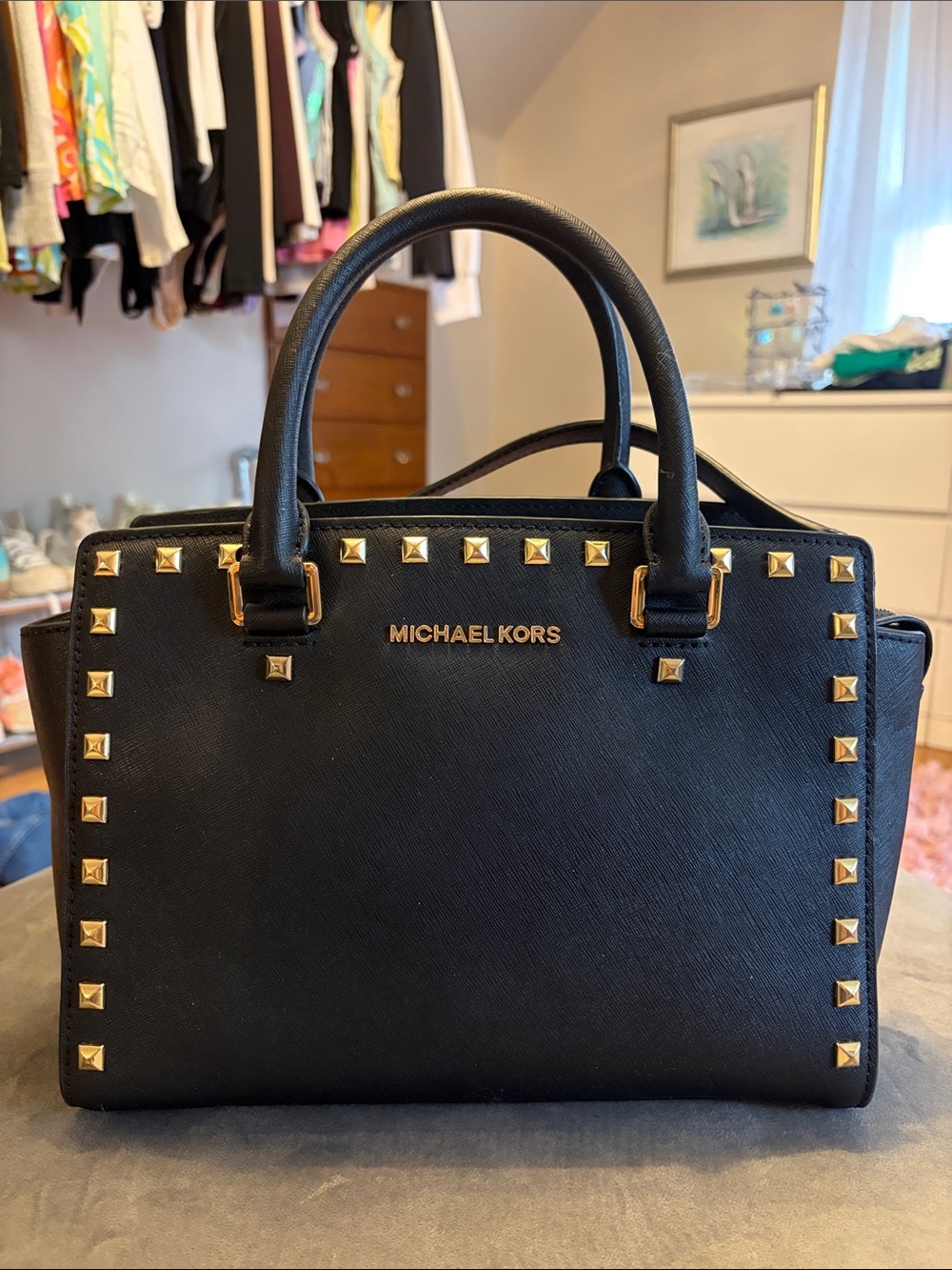 Michael Kors Black Leather Studded Satchel with Gold Hardware